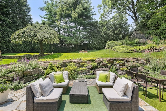 216 Hillspoint Rd, Westport, CT 06880 - view of patio / terrace with outdoor lounge area and view of wooded area