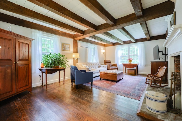 15 Harris Rd, Salem, CT 06420 - living room with dark wood-type flooring, a wall mounted air conditioner, and a wooden ceiling with exposed beams