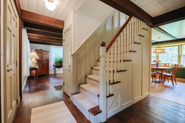 15 Harris Rd, Salem, CT 06420 - staircase with wood-type flooring and a wooden ceiling with exposed beams