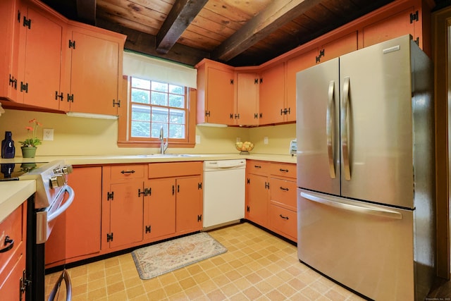 15 Harris Rd, Salem, CT 06420 - kitchen featuring appliances with stainless steel finishes, a wood ceiling with exposed beams, light countertops, and light flooring