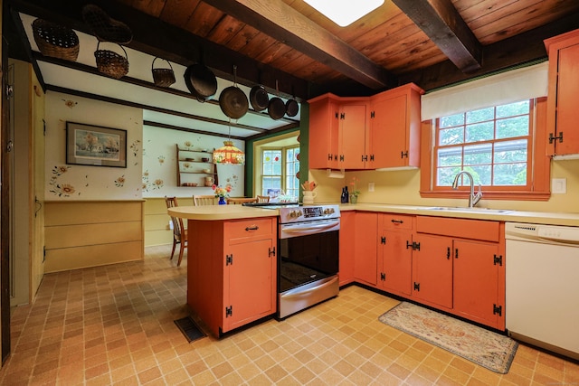 15 Harris Rd, Salem, CT 06420 - kitchen with white dishwasher, stainless steel electric range oven, a wooden ceiling with exposed beams, light countertops, and a peninsula