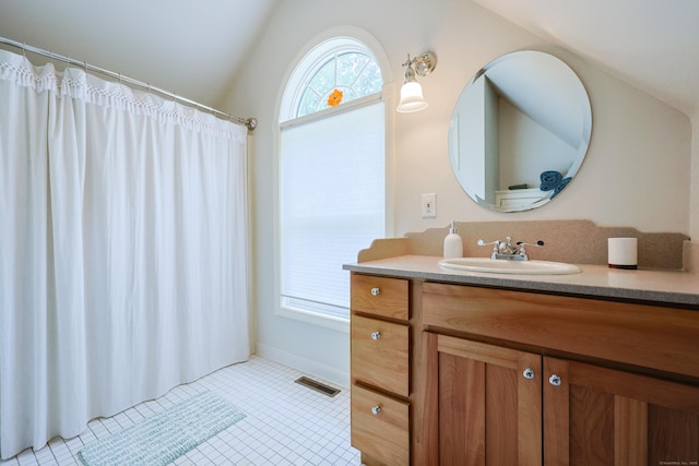 15 Harris Rd, Salem, CT 06420 - bathroom featuring vanity, lofted ceiling, tile patterned floors, and a shower with shower curtain