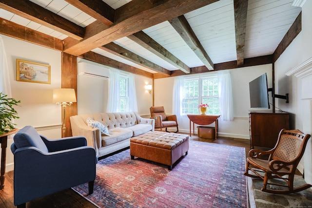 15 Harris Rd, Salem, CT 06420 - living room featuring a wall unit AC, a wood ceiling with exposed beams, and wood finished floors