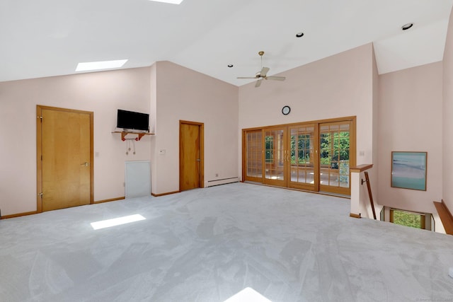 97 Benedict Dr, South Windsor, CT 06074 - unfurnished living room featuring a baseboard radiator, a skylight, high vaulted ceiling, carpet, and a ceiling fan