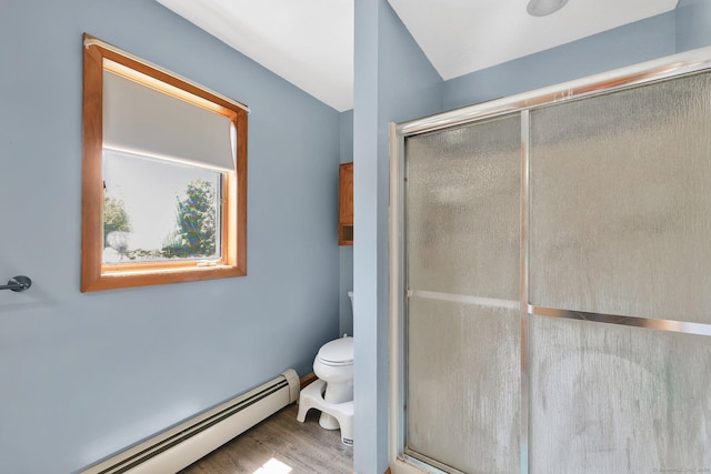 97 Benedict Dr, South Windsor, CT 06074 - bathroom featuring a baseboard radiator, a stall shower, and wood finished floors