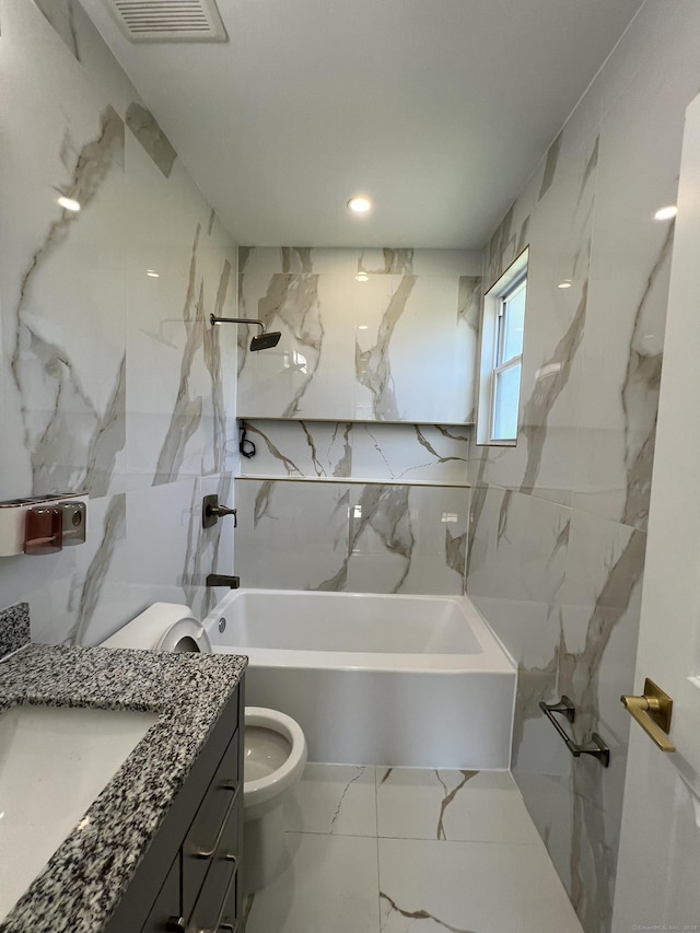 372 Oakland St, Manchester, CT 06042 - bathroom with vanity, marble finish flooring, shower / tub combination, and recessed lighting