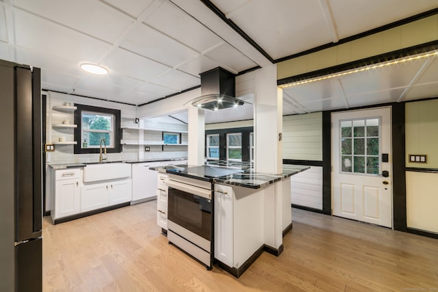 486 Barlow St, Bristol, CT 06010 - kitchen with electric stove, freestanding refrigerator, extractor fan, white dishwasher, and white cabinets