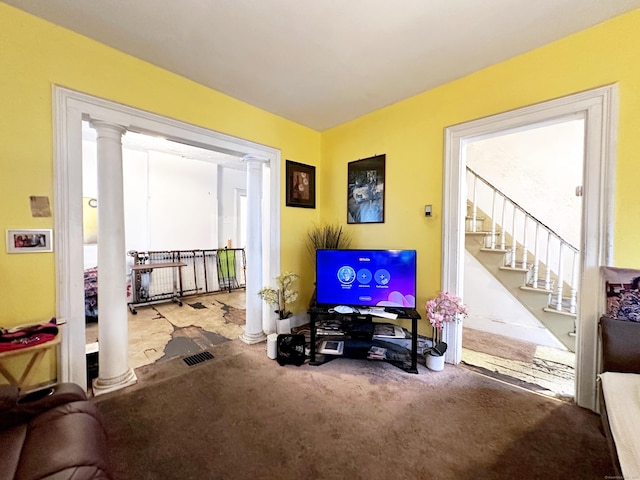 26 Lamberton St, New Haven, CT 06519 - living room with ornate columns, carpet flooring, and stairs