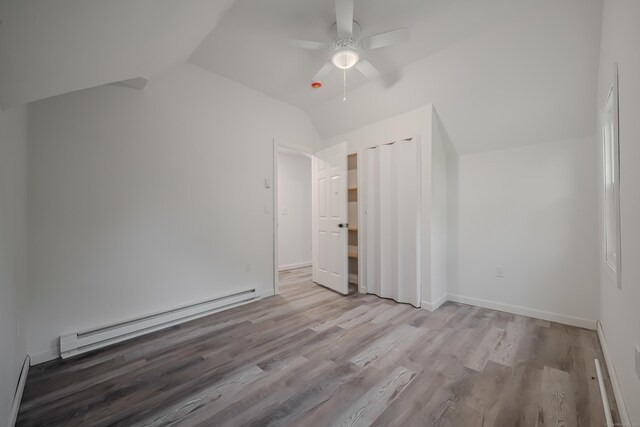 156 Waterville St, Waterbury, CT 06710 - additional living space featuring a baseboard heating unit, lofted ceiling, wood finished floors, and a ceiling fan