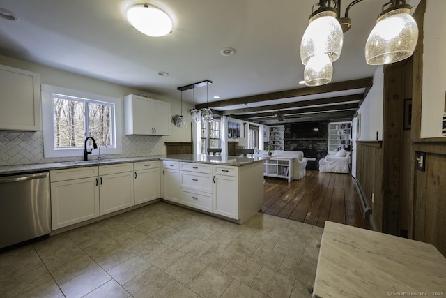 127 Skunk Misery Rd, Haddam, CT 06441 - kitchen with dishwasher, tile patterned floors, backsplash, light stone counters, and white cabinets
