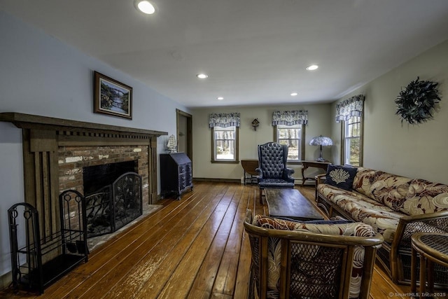 127 Skunk Misery Rd, Haddam, CT 06441 - living room featuring hardwood / wood-style flooring, recessed lighting, and a fireplace