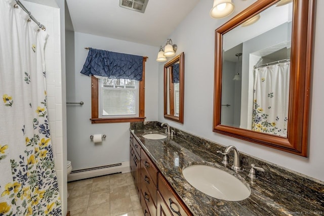 127 Skunk Misery Rd, Haddam, CT 06441 - full bathroom featuring a baseboard heating unit, double vanity, and a shower with shower curtain