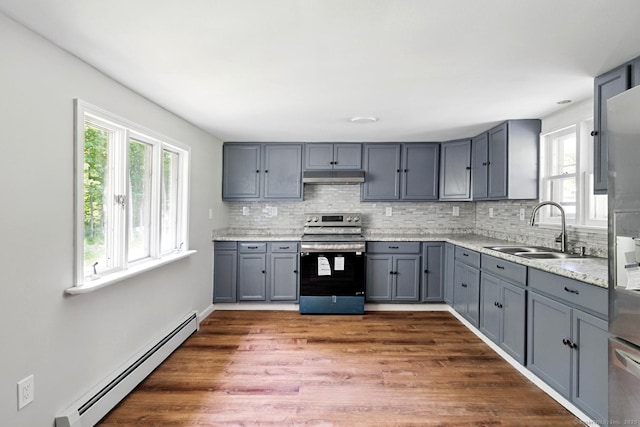 971 New Litchfield St, Torrington, CT 06790 - kitchen with stainless steel electric range oven, a baseboard heating unit, gray cabinetry, and under cabinet range hood
