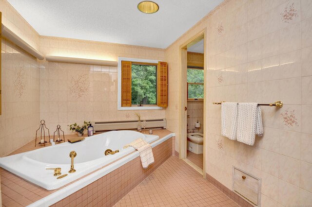 116 Bellridge Rd, Glastonbury, CT 06033 - full bath featuring baseboard heating, a tub with jets, tile walls, tile patterned flooring, and a bidet
