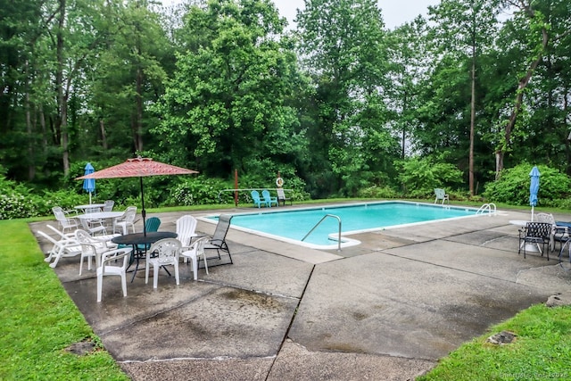 29 Whisconier Vlg Unit 29, Brookfield, CT 06804 - outdoor pool featuring a patio area and view of wooded area