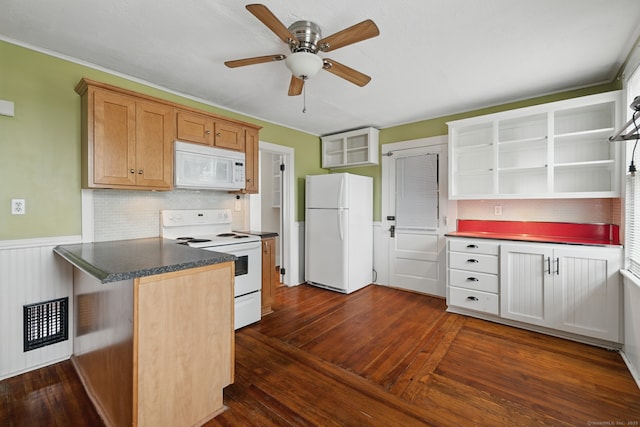 20 George St, Bristol, CT 06010 - kitchen featuring white appliances, a peninsula, open shelves, dark countertops, and backsplash