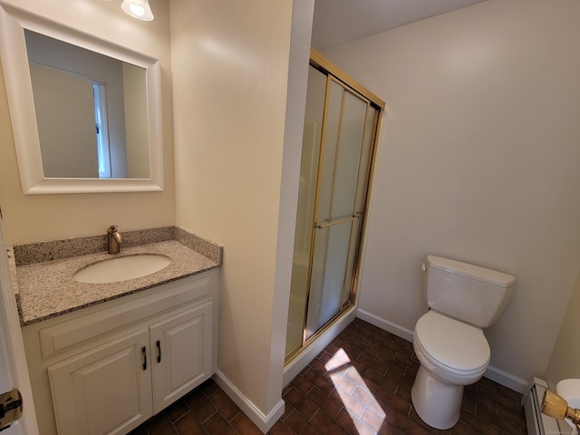 12 Enrico Rd, Bolton, CT 06043 - full bath with a baseboard heating unit, a shower stall, vanity, and tile patterned flooring