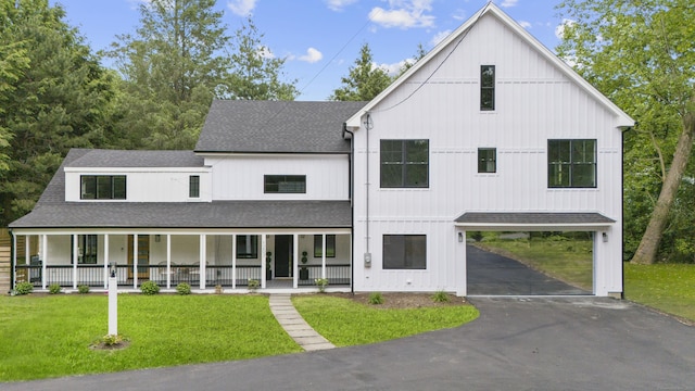 1207 Stillson Rd, Fairfield, CT 06824 - modern inspired farmhouse featuring roof with shingles, a carport, a porch, and driveway