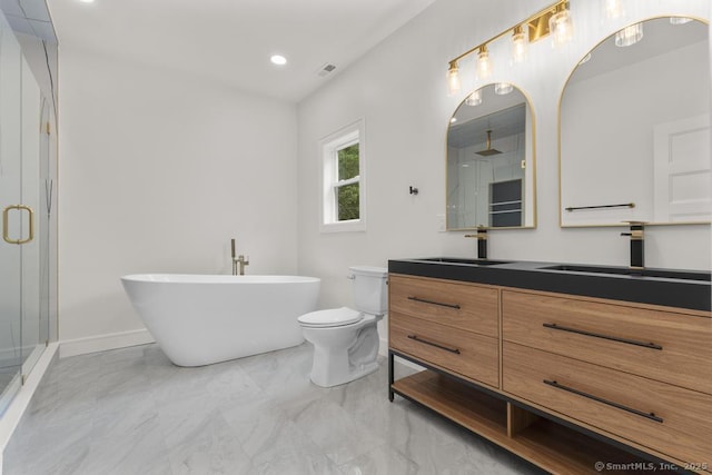 1207 Stillson Rd, Fairfield, CT 06824 - full bath with a shower stall, vanity, marble finish floors, and recessed lighting
