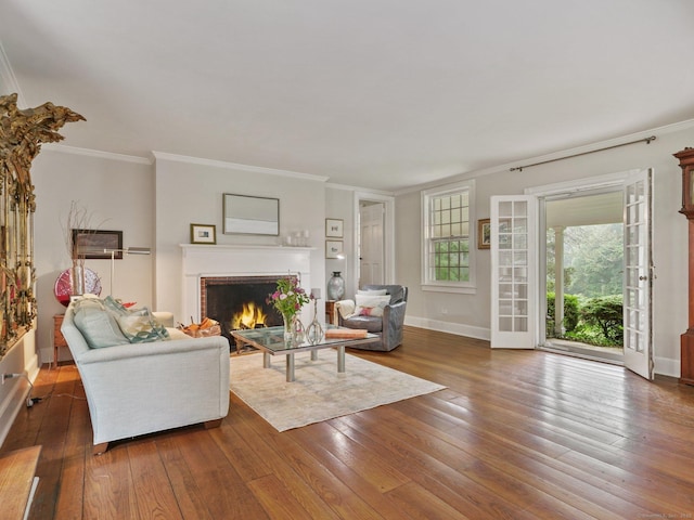 33 Great Pasture Rd, Redding, CT 06896 - living room with ornamental molding, wood-type flooring, and a fireplace
