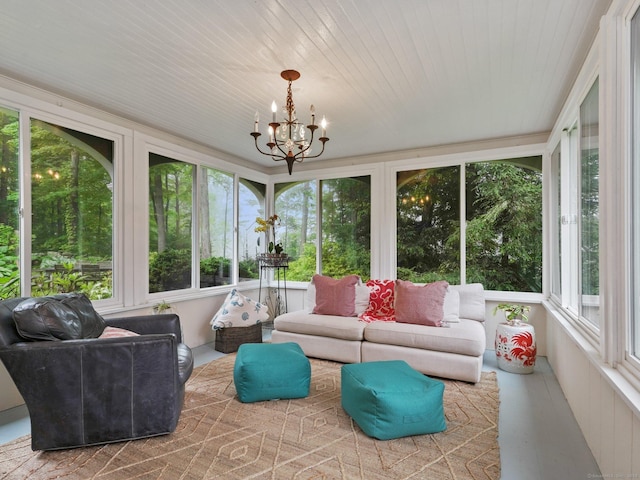 33 Great Pasture Rd, Redding, CT 06896 - sunroom / solarium featuring plenty of natural light, a chandelier, and wooden ceiling