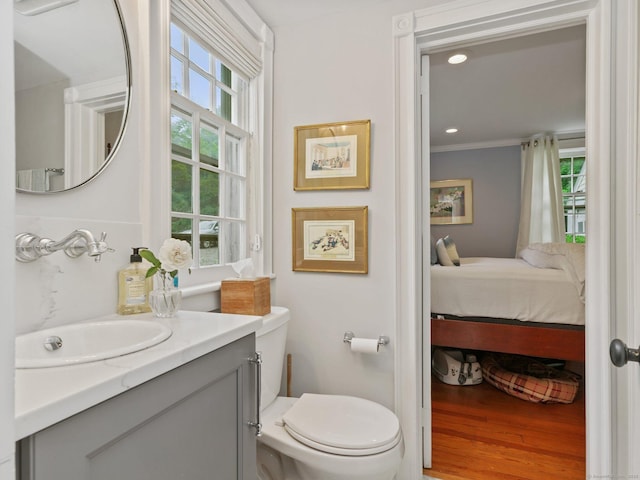 33 Great Pasture Rd, Redding, CT 06896 - ensuite bathroom with healthy amount of natural light, vanity, wood finished floors, and crown molding