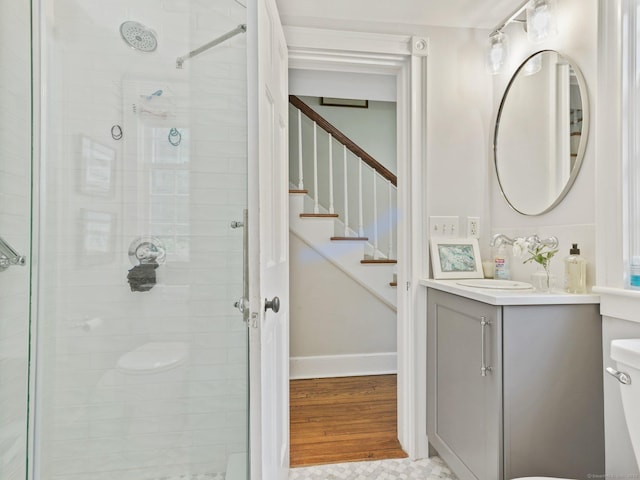 33 Great Pasture Rd, Redding, CT 06896 - full bathroom featuring a shower stall, vanity, and wood finished floors