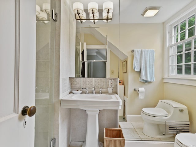 33 Great Pasture Rd, Redding, CT 06896 - bathroom with a stall shower, tile patterned floors, and backsplash
