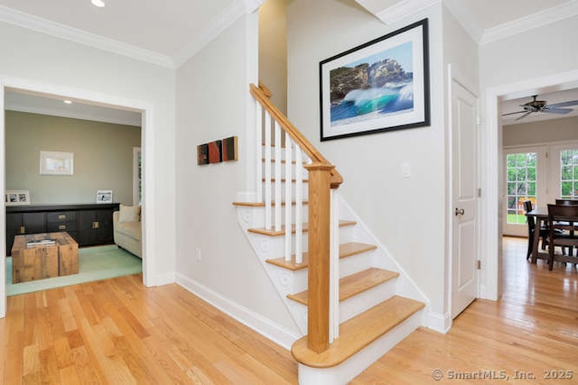 24 Nimitz Pl, Greenwich, CT 06870 - staircase with wood finished floors, a ceiling fan, crown molding, and recessed lighting