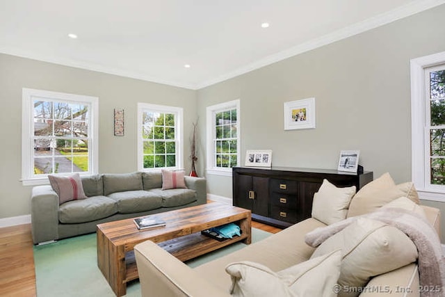 24 Nimitz Pl, Greenwich, CT 06870 - living area with light wood-style floors, crown molding, and recessed lighting