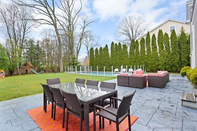 24 Nimitz Pl, Greenwich, CT 06870 - view of patio featuring outdoor lounge area, outdoor dining area, and a playground