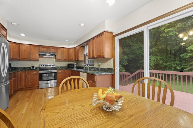 270 N Bride Brook Rd, East Lyme, CT 06333 - kitchen with stainless steel appliances, light wood finished floors, under cabinet range hood, backsplash, and healthy amount of natural light