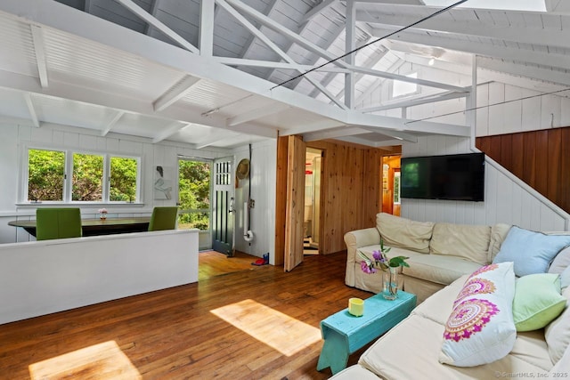 57 River Rd, Clinton, CT 06413 - living room featuring hardwood / wood-style flooring and wooden walls