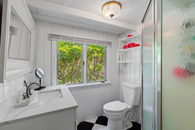 57 River Rd, Clinton, CT 06413 - bathroom with vanity, a shower with shower door, beamed ceiling, and wood walls