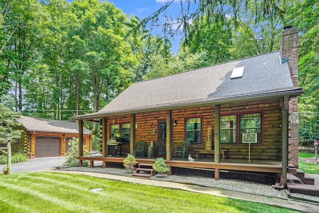 80 Jill Ln, Cheshire, CT 06410 - log cabin with a porch, log exterior, an outbuilding, and a chimney