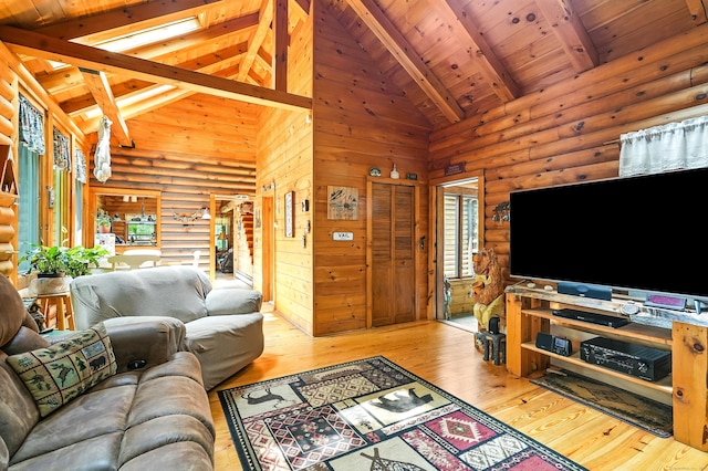 80 Jill Ln, Cheshire, CT 06410 - living area with rustic walls, wood-type flooring, a wooden ceiling with exposed beams, and high vaulted ceiling