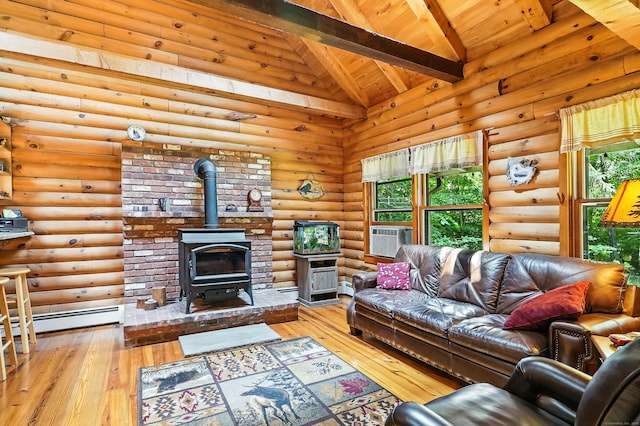 80 Jill Ln, Cheshire, CT 06410 - living area featuring a wood stove, hardwood / wood-style flooring, wooden ceiling, cooling unit, and a baseboard heating unit