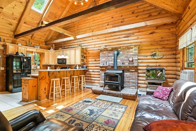 80 Jill Ln, Cheshire, CT 06410 - living room featuring a wood stove, light wood-style floors, a wooden ceiling with exposed beams, log walls, and a baseboard radiator