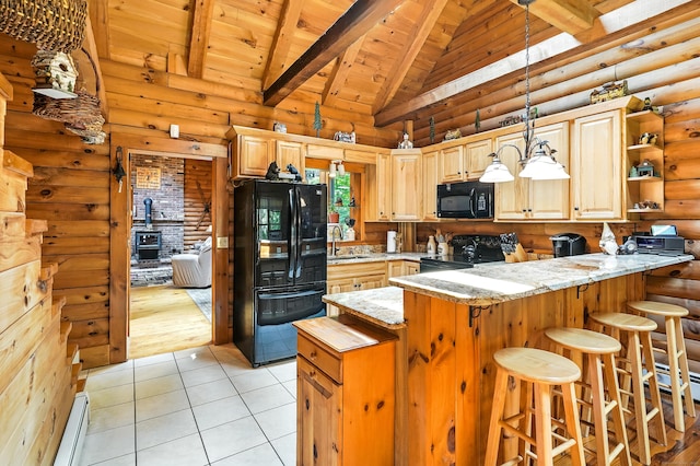 80 Jill Ln, Cheshire, CT 06410 - kitchen with black appliances, wooden ceiling, a baseboard radiator, rustic walls, and a peninsula