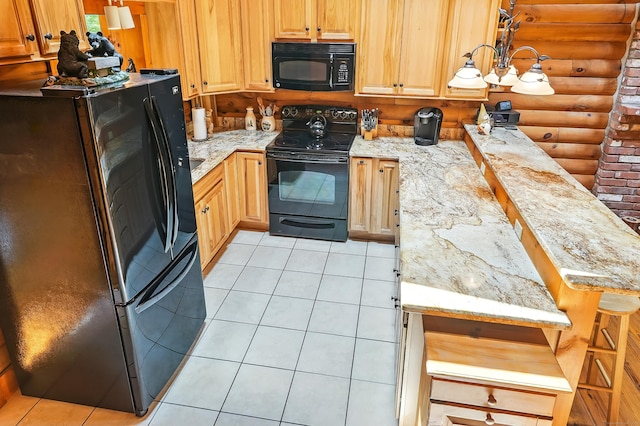 80 Jill Ln, Cheshire, CT 06410 - kitchen featuring black appliances, log walls, a peninsula, light tile patterned floors, and light stone countertops