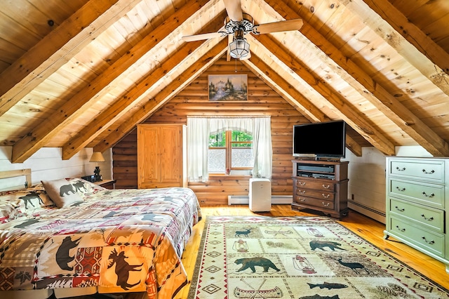 80 Jill Ln, Cheshire, CT 06410 - bedroom with wooden ceiling, light wood finished floors, log walls, and a baseboard radiator