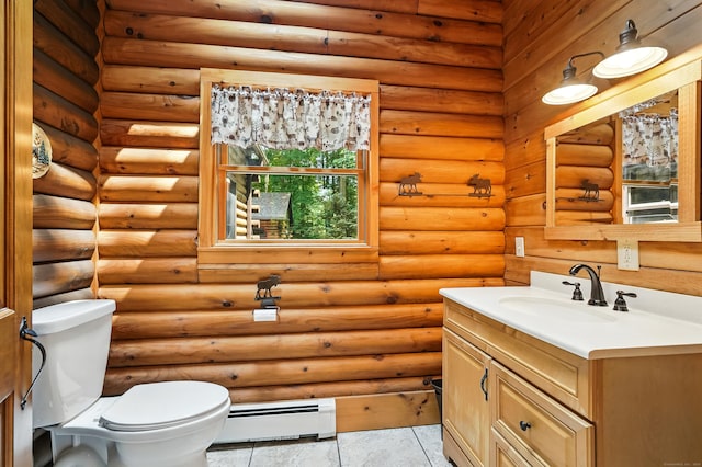 80 Jill Ln, Cheshire, CT 06410 - half bathroom featuring baseboard heating, vanity, rustic walls, and tile patterned flooring