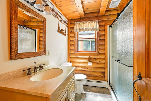 80 Jill Ln, Cheshire, CT 06410 - full bath featuring log walls, baseboard heating, a wooden ceiling with exposed beams, vanity, and a stall shower