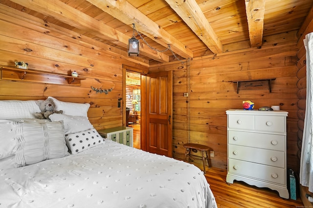 80 Jill Ln, Cheshire, CT 06410 - bedroom featuring a wood ceiling with exposed beams, wood finished floors, and wooden walls