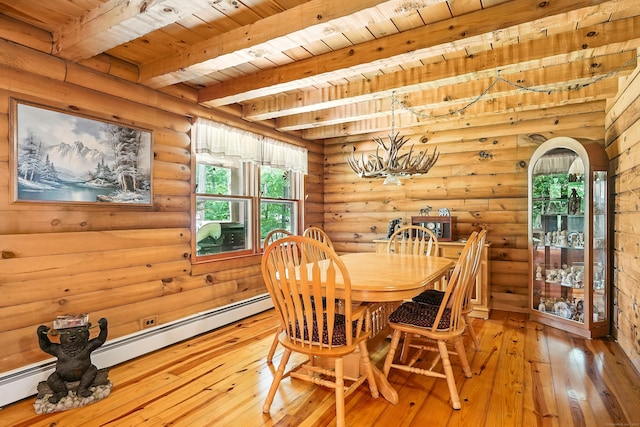 80 Jill Ln, Cheshire, CT 06410 - dining room featuring light wood-type flooring, a wood ceiling with exposed beams, log walls, a baseboard heating unit, and a chandelier