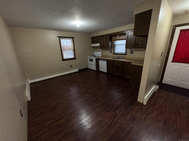 829 Windsor Ave, Windsor, CT 06095 - kitchen with white appliances, a baseboard radiator, baseboard heating, light countertops, and dark wood-style floors