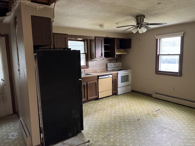 829 Windsor Ave, Windsor, CT 06095 - kitchen featuring dishwashing machine, electric stove, freestanding refrigerator, under cabinet range hood, and baseboard heating