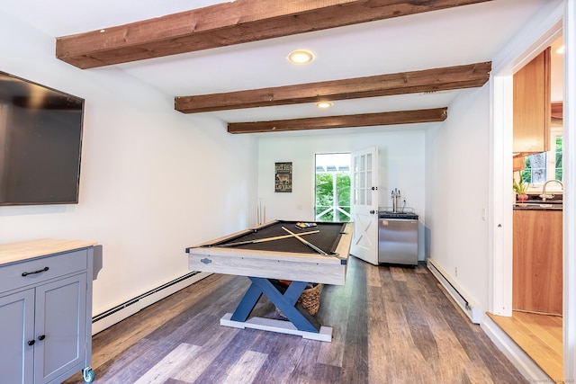 39 Aspen Mill Rd, Ridgefield, CT 06877 - game room featuring a baseboard radiator, a baseboard heating unit, dark wood finished floors, pool table, and beamed ceiling