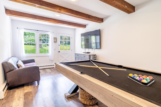 39 Aspen Mill Rd, Ridgefield, CT 06877 - game room featuring wood finished floors, baseboard heating, beamed ceiling, and billiards