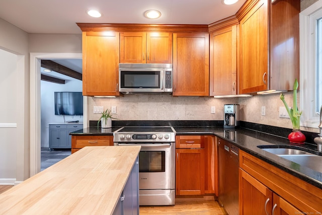 39 Aspen Mill Rd, Ridgefield, CT 06877 - kitchen featuring stainless steel appliances, butcher block counters, light wood finished floors, tasteful backsplash, and recessed lighting